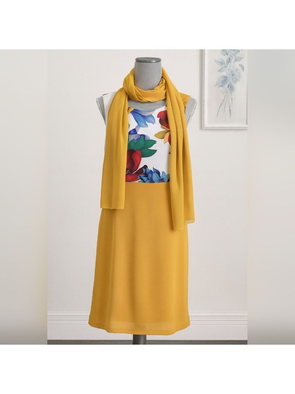 EX by Miss L Vibrant Bold Mustard and Floral Dress with Mustard Scarf Bridal. L